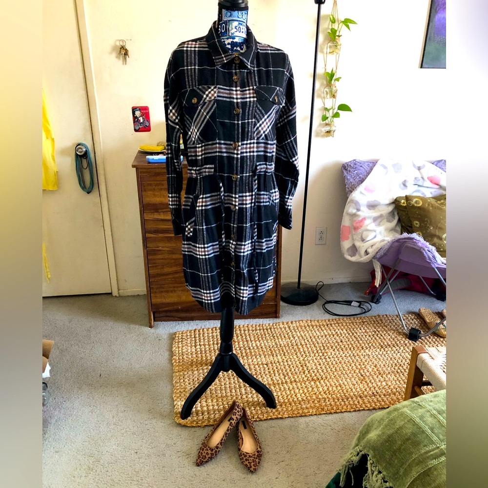 Adorable black and white plaid button down shirt dress